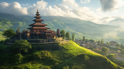 The majestic view of a temple perched on a hilltop, overlooking the surrounding landscape with a backdrop of rolling hills.