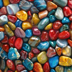 Colorful polished stones arranged on a flat surface.