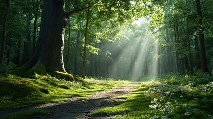 Obraz premium Sunlit path winding through an enchanted forest with ancient trees.