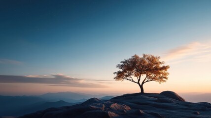 Lone ancient tree bathed in moonlight against a starry night sky.
