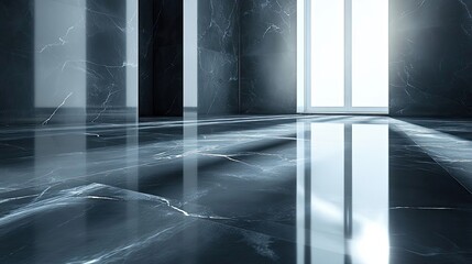 Black Marble Floor with Sunlight Reflections and Window