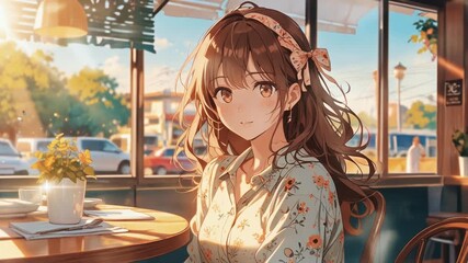 anime background: a girl in a cafe smooth looping video, 4K animation
