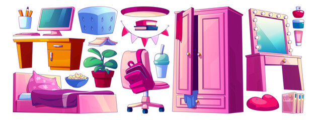 Teenage girl room interior pink furniture and decor elements. Cartoon set of bed and wardrobe cabinet, computer on table and backpack on chair, makeup mirror with cosmetics, flags and books.