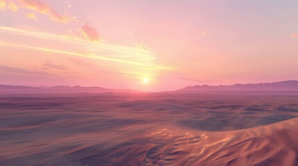 The peaceful desert twilight offers a serene view of the vast, open expanse with gentle light reflecting off the sand,
