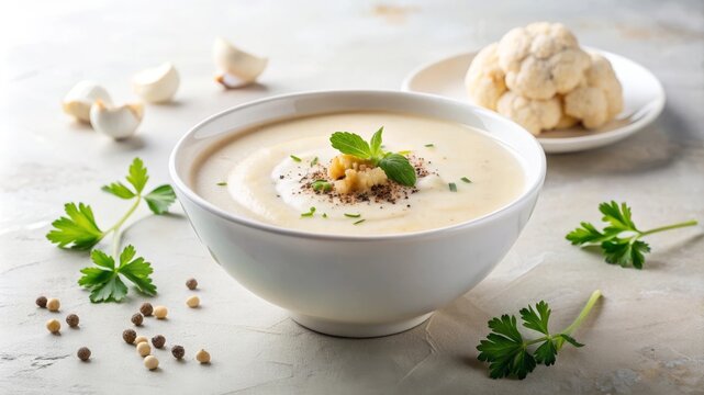 Sopa crema de coliflor decorada con perejil fresco, servida en un taz&oacute;n blanco sobre una mesa de madera clara, acompa&ntilde;ada de coliflor y hierbas frescas.