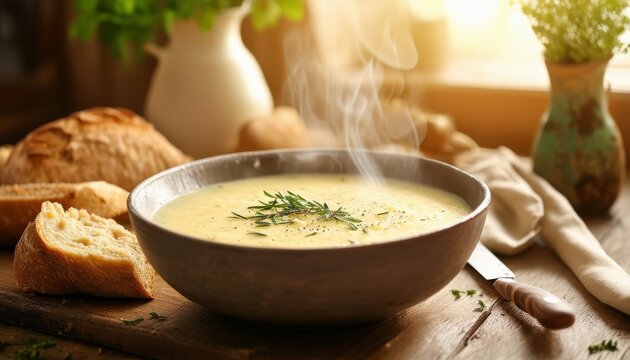 Sopa crema de coliflor en un taz&oacute;n de cer&aacute;mica, acompa&ntilde;ada de pan fresco en una mesa r&uacute;stica con luz natural.
