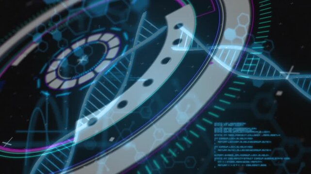 Processing scientific data, DNA strand and futuristic interface animation