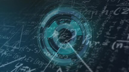 Rotating circular interface animation overlaying mathematical equations and formulas - Powered by Adobe