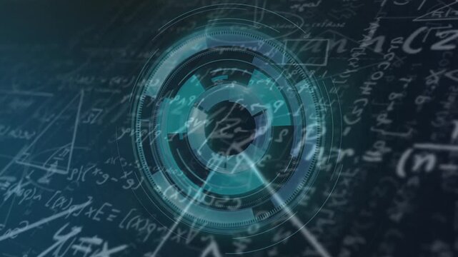 Rotating circular interface animation overlaying mathematical equations and formulas