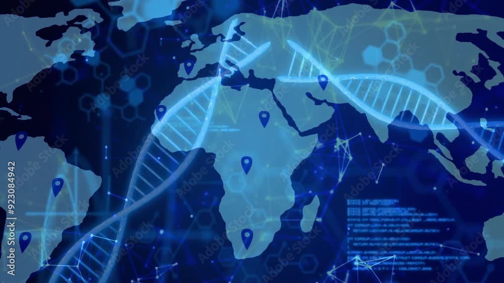 Poster animating dna strands and data points over world map