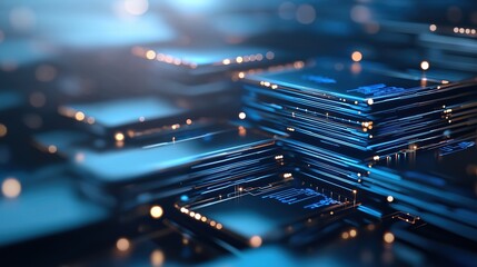 3D visual of a search engine, composed of layered circuits and data points