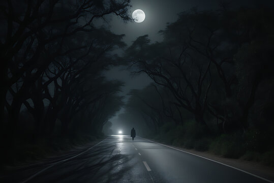 Cinematic dark fantasy scene of a narrow road at midnight, shrouded in shadows with an eerie figure, creating a chilling atmosphere.
