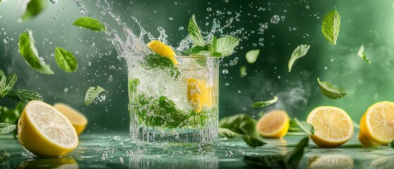Fototapeta premium My villa style, green background, a glass of lemon water with mint and lemons splashing out from the top left corner, green leaves flying around, lemon slices on both sides of the picture