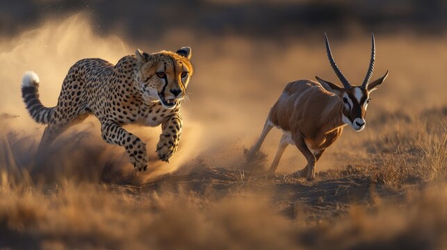 Cheetah chasing springbok gazelle during golden hour