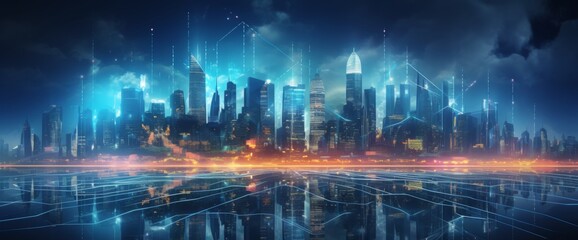 Holographic data visualization, a city skyline at night with digital connections and lines in the sky. The digital future of urban technology concept. 