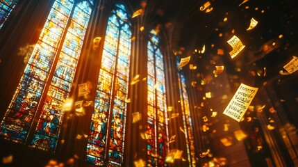 Obraz premium Vibrant stained glass windows shine as pages float gently through the air