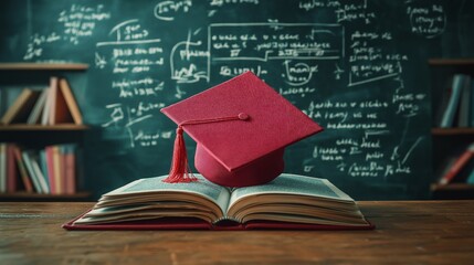 Close-up of a red graduation cap on an open book with mathematical formulas written on a chalkboard background. Concepts of education and knowledge. 3D Production