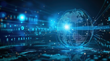 Fototapeta premium Blue Hologram Globe with World Map and Glowing Data Streams: AI Global Communication Networks, Virtual Reality Simulations, Geospatial Data Visualization, and Interactive Educational Experience