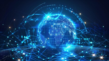 Obraz premium AI Global Communication Networks, Virtual Reality Simulations, Geospatial Data Visualization, and Interactive Educational Experience: Blue Hologram Globe with World Map and Glowing Data Streams