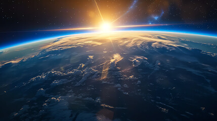  Earth from space, with the sun rising in the distance