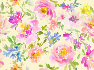 Abstract floral pattern painted in watercolor. Seamless watercolor rose pattern. Hand-drawn botanical pattern.