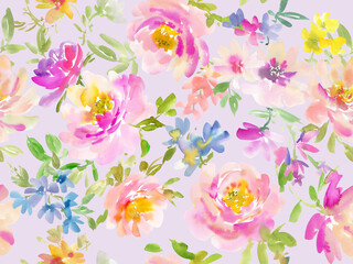 Abstract floral pattern painted in watercolor. Seamless watercolor rose pattern. Hand-drawn botanical pattern.