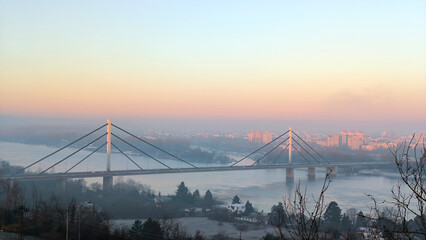 Obraz premium panorama of Novi Sad and Danube river in foggy morning