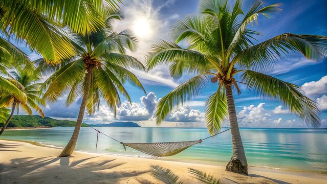 Tropical beach with hammock joined between 2 palm trees