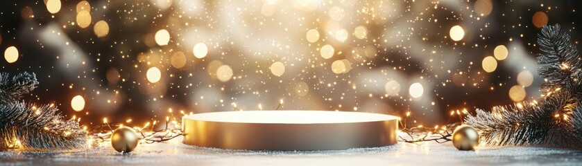Golden podium with bokeh lights and snow