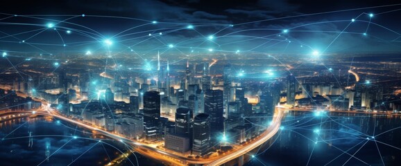 Fototapeta premium Holographic data visualization, a city skyline at night with digital connections and lines in the sky. The digital future of urban technology concept. 