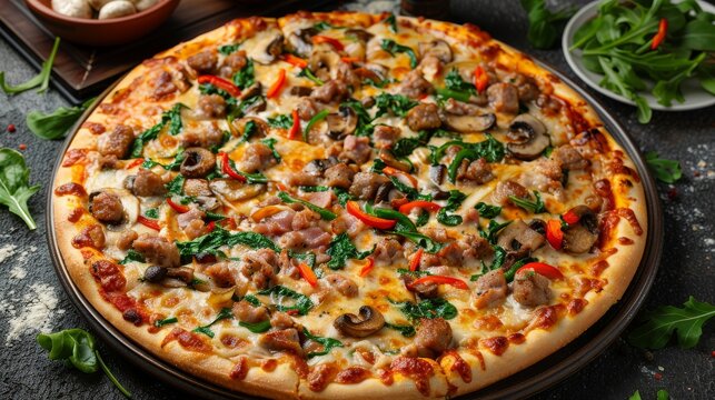 A mouthwatering pizza features savory meat, colorful vegetables, and mushrooms, inviting everyone to enjoy a delightful meal together
