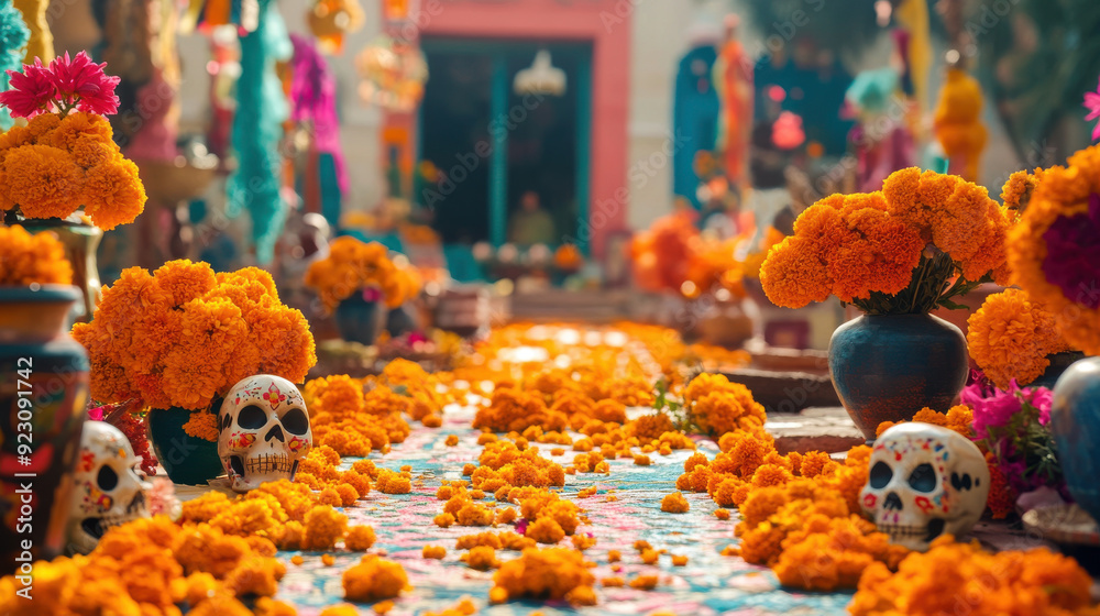 Wall mural day of the dead festival in mexico, colorful altars with marigolds and sugar skulls.