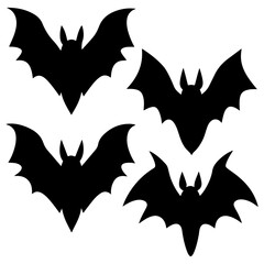 Set of black flat bat wildlife silhouettes, Different Poses Bat outline, Flying Bat Bundle Icon set.