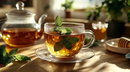 Fresh mint tea with honey in sunlight