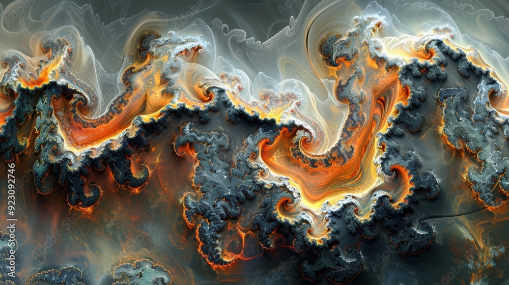 Wall mural abstract artwork with swirling patterns of orange and gray reminiscent of flames and smoke at twilig