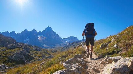 Obraz premium Backpacker hiking on a mountain trail with stunning views.