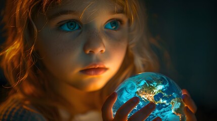 Naklejka premium Young Girl Holding Earth Globe, Conceptual Photo of Child Protecting Planet, Future of Earth, Environment, Global Responsibility, Hope for the World.