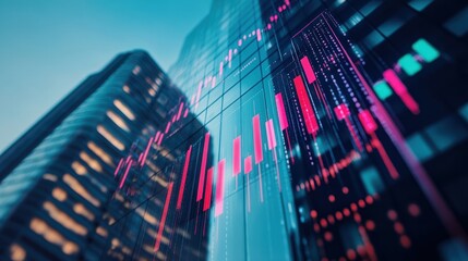 A real estate business concept with growing stock market candlesticks and graphs on a modern skyscraper bottom view background.