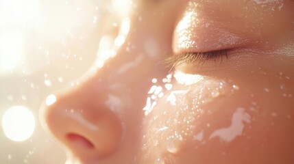 Fototapeta premium Close-up of a woman's face with white lotion applied, under soft sunlight.