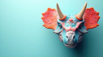 Colorful Triceratops Dinosaur Head on Turquoise Background - 3D Illustration of Prehistoric Animal