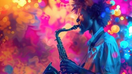 A musician plays the saxophone while vibrant lights create an energetic atmosphere around him
