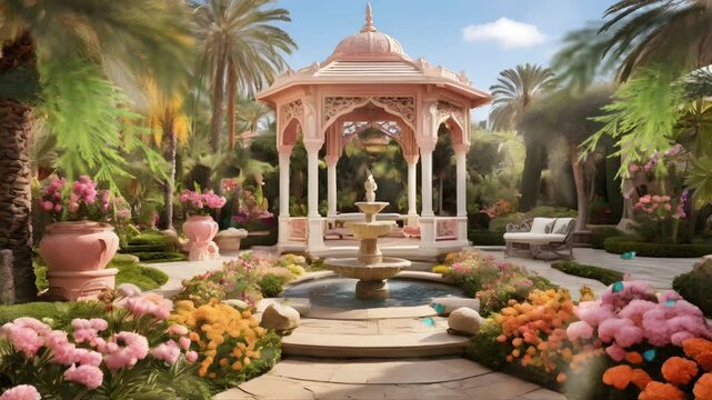 A white gazebo building with flower vases. There are several beautiful and fragrant colorful flower plants. Seamless 4K looping timelapse video animation