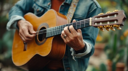 Obraz premium Musician passionately strums a classical guitar amidst vibrant garden foliage