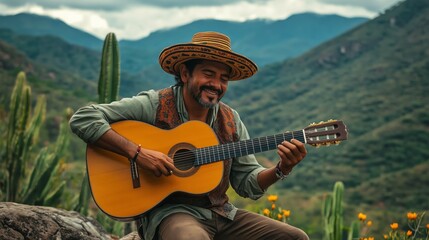 A musician enjoys playing a classical guitar outdoors amidst scenic mountains