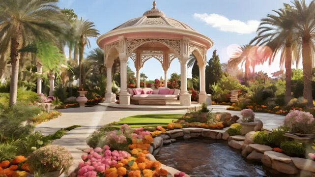 A white gazebo building with flower vases. There are several beautiful and fragrant colorful flower plants. Seamless 4K looping timelapse video animation