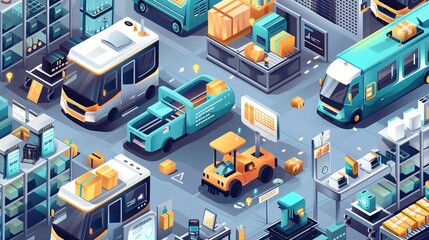 Obraz premium Isometric Illustration of a Smart Warehouse Management System Focused on Inventory Control with IoT Devices