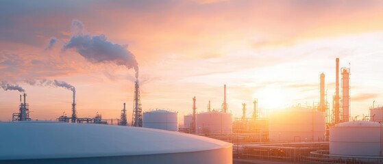 Silhouetted oil refinery with smoke stacks and storage tanks under a cloudy sky.