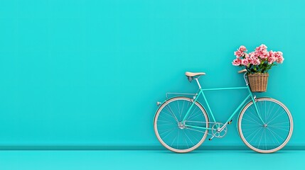 Fototapeta premium Beautiful Bicycle Leaning Against Bright Blue Wall