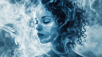 Fototapeta premium A human face distorted by swirling fire and enveloped in blue smoke, with a dreamy, psychedelic effect created through double exposure blending both elements