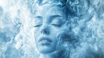 A human face distorted by swirling fire and enveloped in blue smoke, with a dreamy, psychedelic effect created through double exposure blending both elements